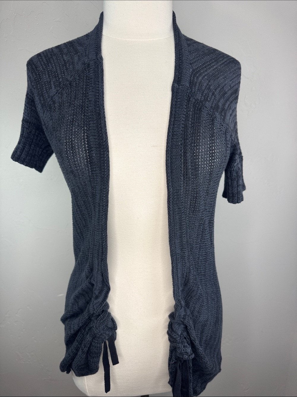 Free People Navy & Black Short-Sleeve Open-Front Cardigan Drawstring Detail **